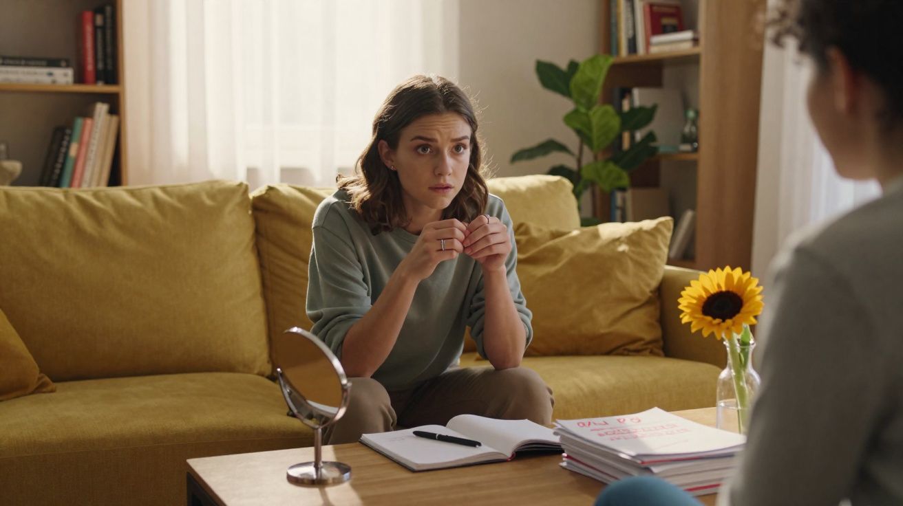 Mulher sentada no sofá amarelo, com expressão séria, conversa com outra pessoa numa sala iluminada.