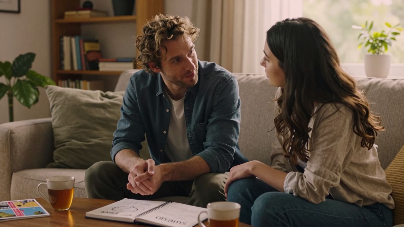 Homem e mulher sentados no sofá a conversar, com cadernos e chá numa mesa à frente, numa sala iluminada.