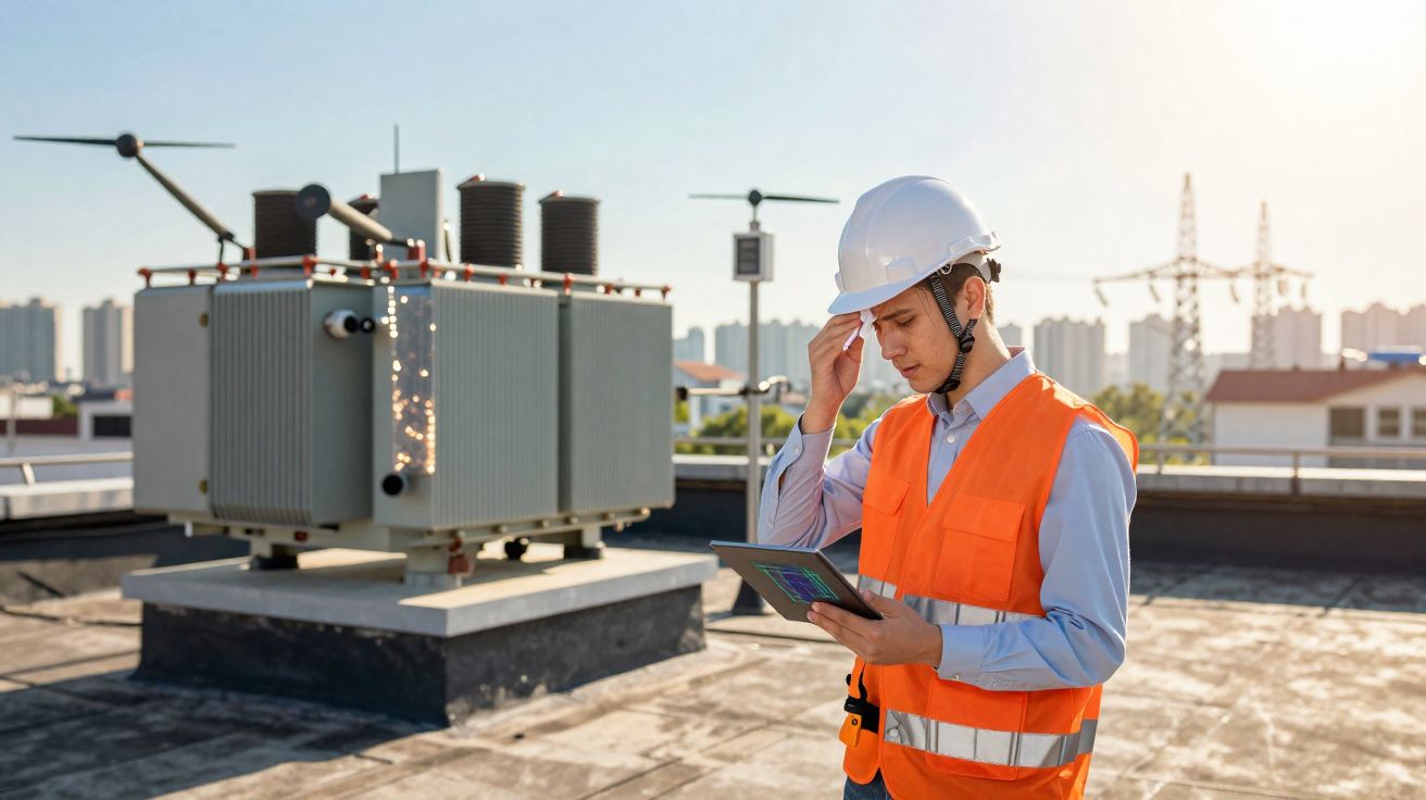 Engenheiro elétrico com colete e capacete observa equipamento elétrico com faíscas num telhado urbano.