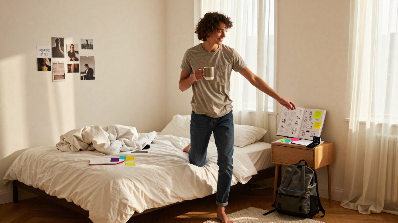 Jovem com chá na mão em quarto iluminado, ajoelhado na cama branca, alcança mesa com caderno aberto e mochila.