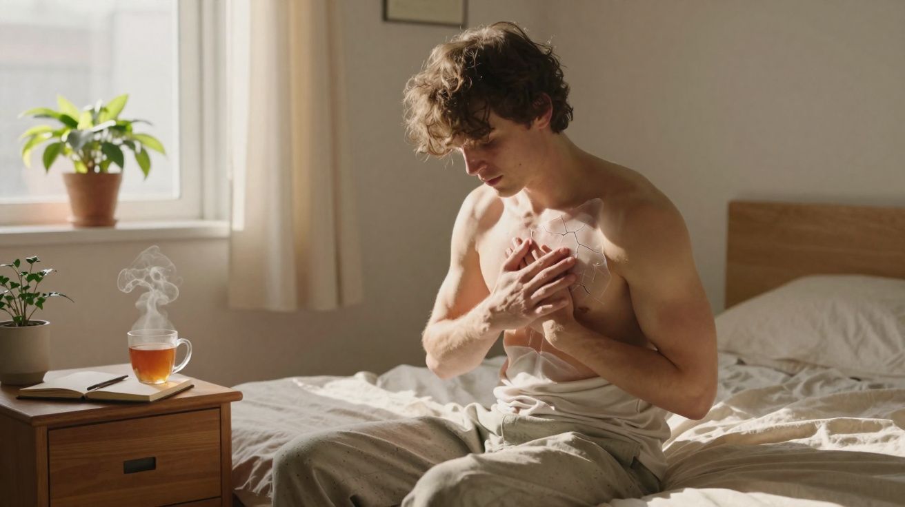 Homem jovem sentado na cama a tocar o peito, com chá quente numa mesa ao lado e luz natural a entrar pela janela.