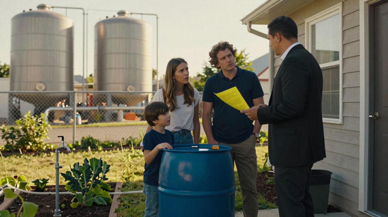 Família conversa com homem de fato junto a barril azul e vegetação fora de casa, cenário industrial ao fundo.