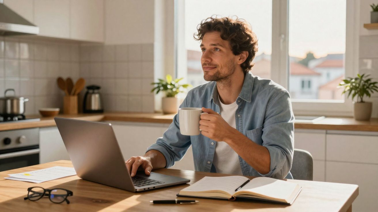 Homem a trabalhar num portátil numa cozinha, a beber café e olhando pela janela com expressão pensativa.