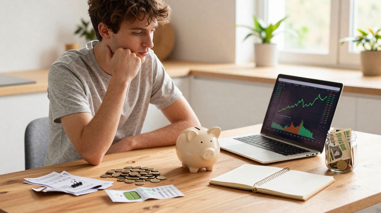 Jovem sentado à mesa com moedas, mealheiro, laptop com gráficos financeiros e documentos, refletindo sobre finanças.