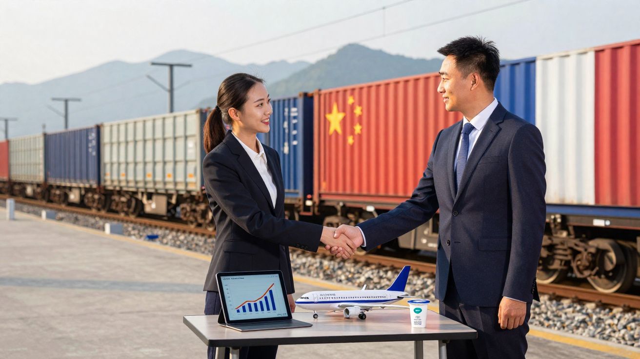 Duas pessoas de negócios a cumprimentarem-se junto a um comboio de carga, com gráfico e modelo de avião sobre a mesa.