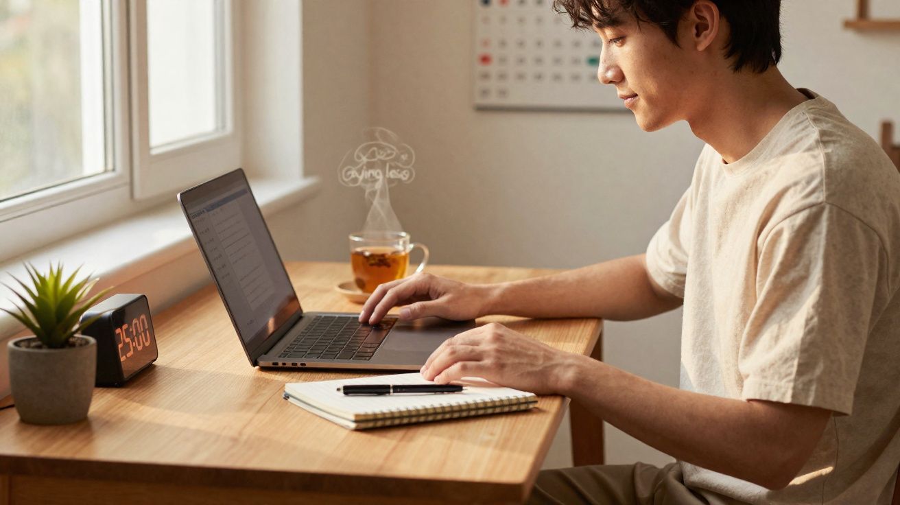 Homem a trabalhar num portátil numa secretária de madeira junto a uma janela com chá e plantas.