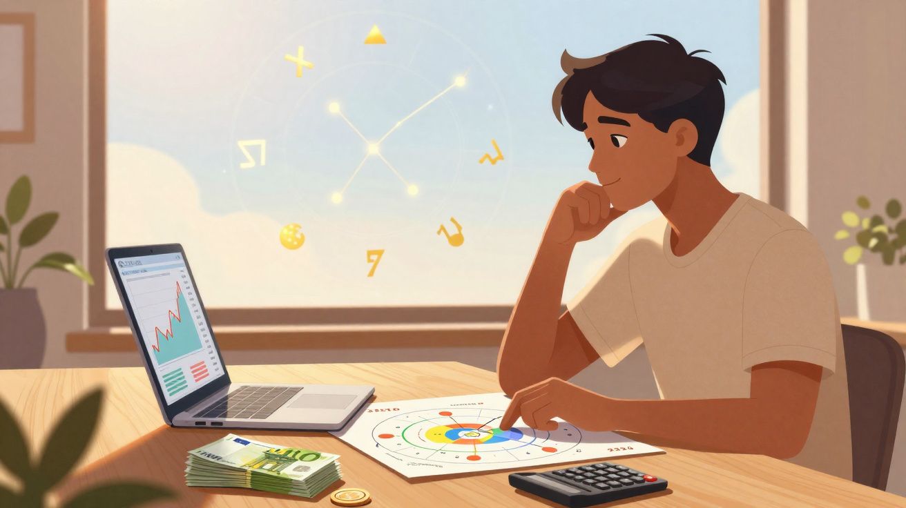 Jovem a analisar gráficos e símbolos astrológicos com laptop, calculadora e dinheiro numa mesa iluminada pela janela.