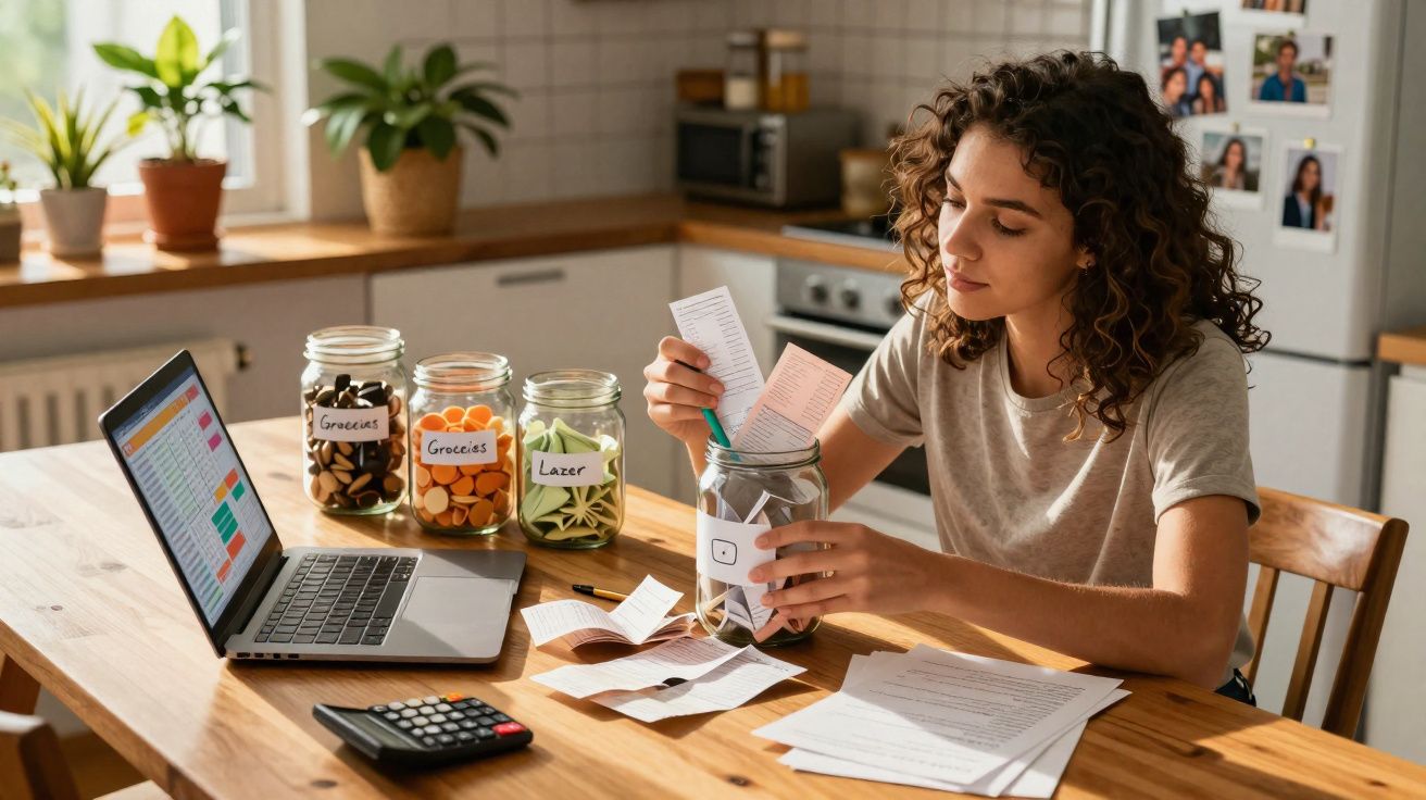 Mulher organiza despesas em frascos rotulados enquanto usa computador portátil e calculadora na cozinha.
