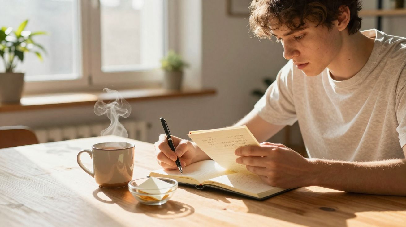 Jovem a escrever num caderno enquanto lê uma folha, com chá quente numa mesa iluminada pela luz natural.