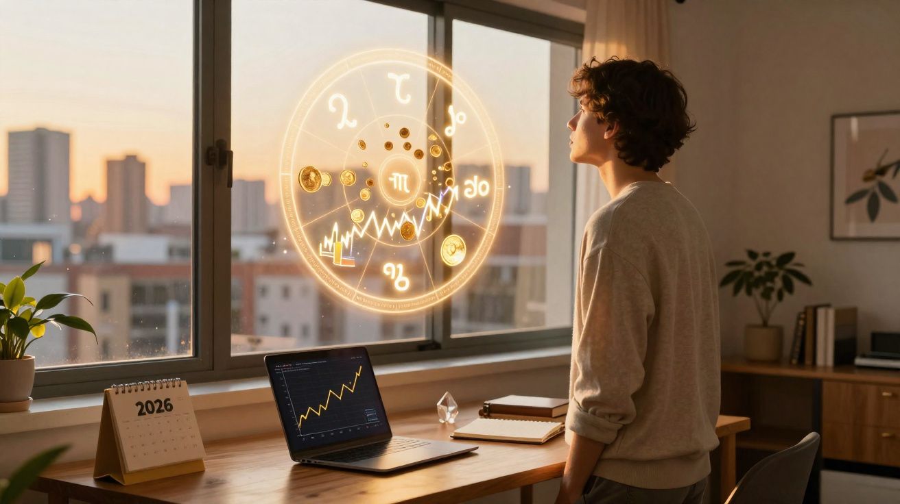 Pessoa jovem observa holograma astrológico flutuante numa janela, com laptop e calendário 2026 numa mesa.