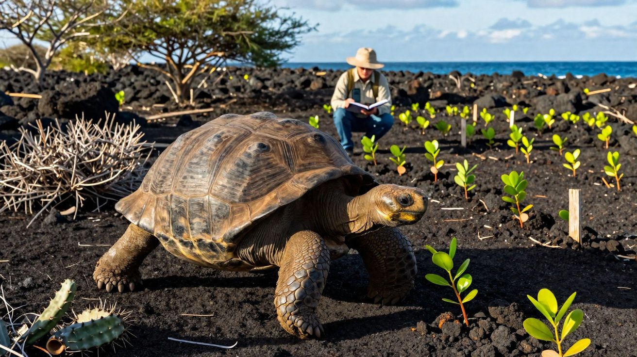 Tartaruga gigante a caminhar em solo vulcânico com pessoa sentada a ler e plantas jovens ao fundo junto ao mar.