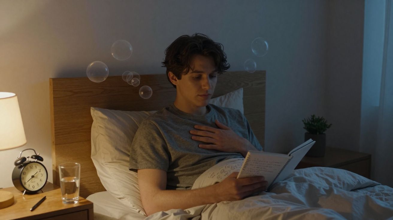 Jovem sentado na cama a ler um livro, rodeado por bolhas de sabão e luz suave de candeeiro.