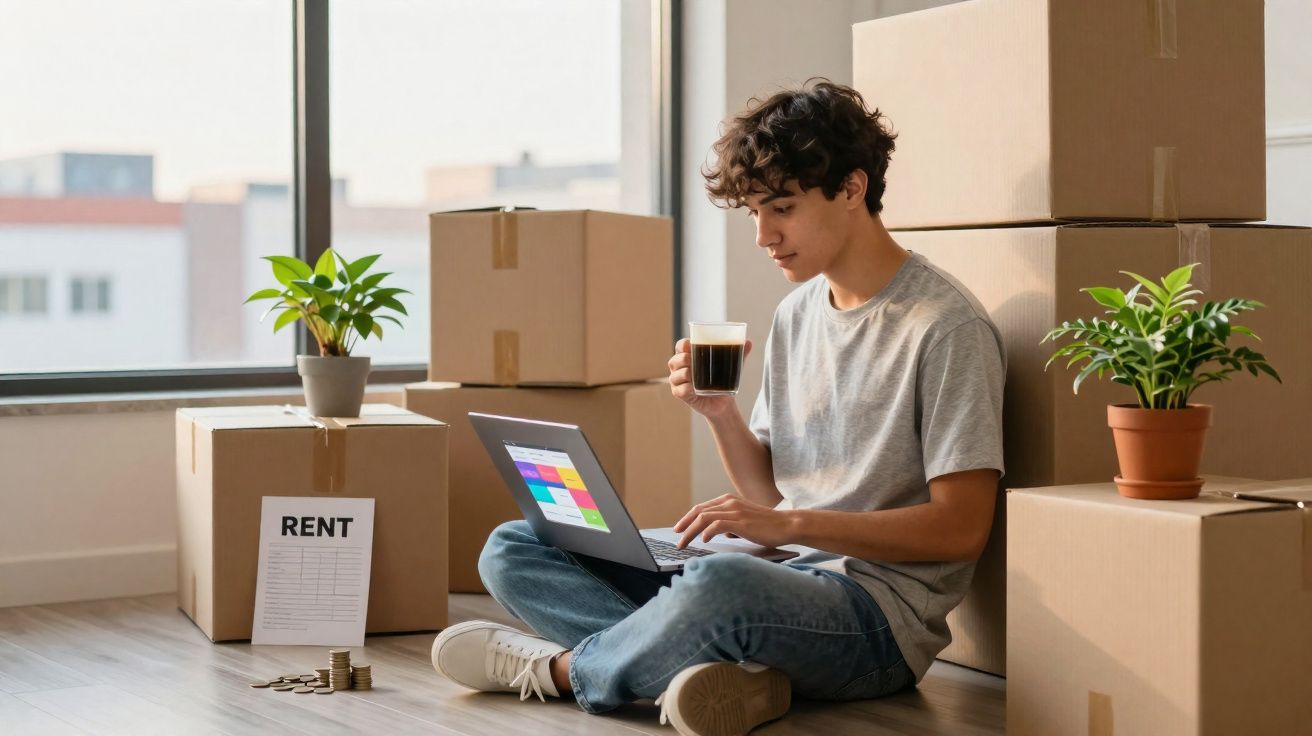 Jovem sentado no chão rodeado de caixas, a usar portátil e a beber café, com ficha de renda visível.