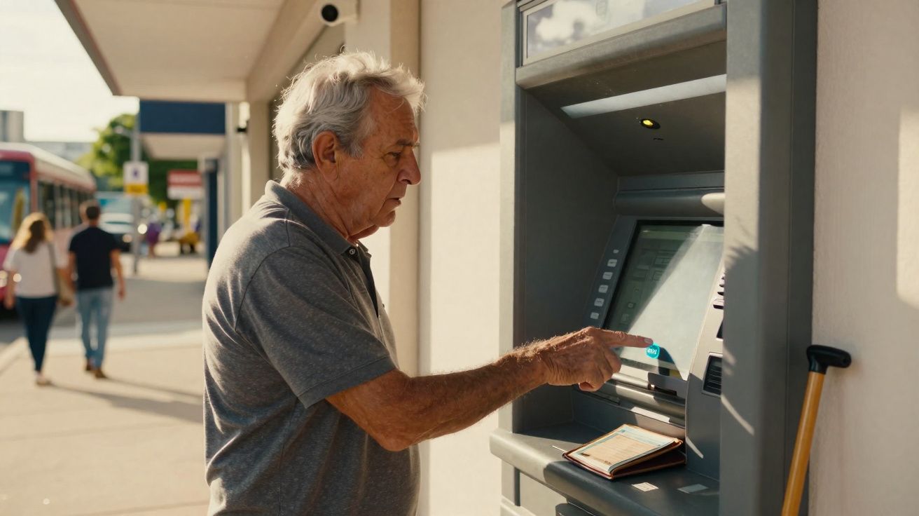 Homem idoso usa caixa multibanco na rua, com carteira aberta sobre a máquina e bengala ao lado.