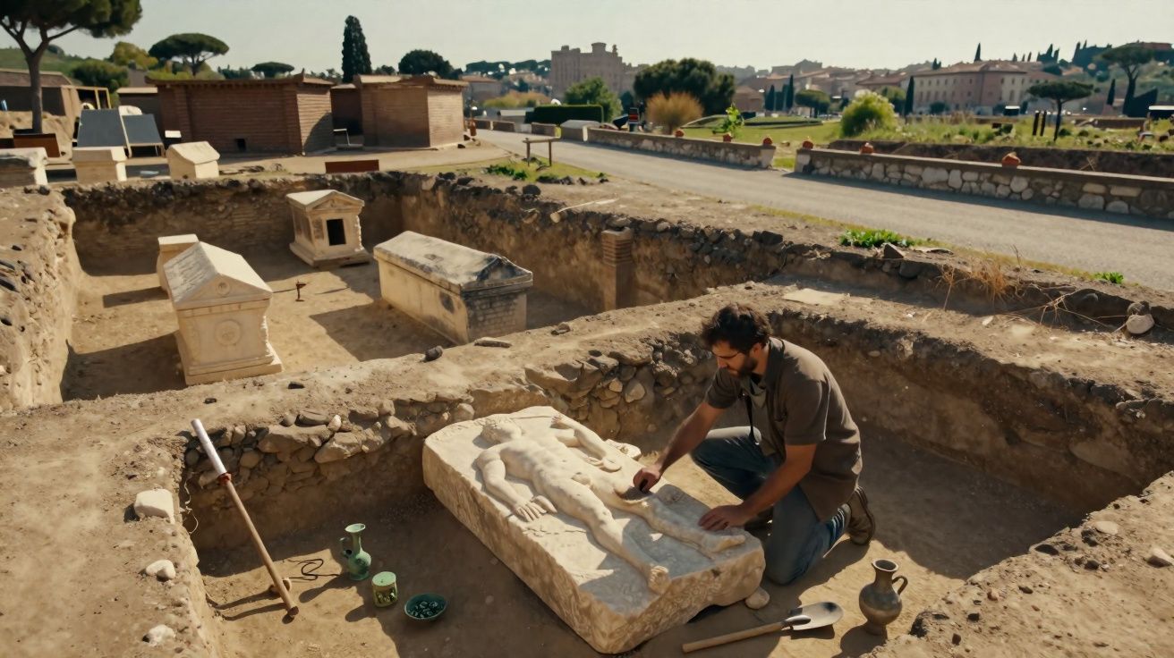 Arqueólogo examina escultura antiga em sepultura excavada num sítio arqueológico ao ar livre.