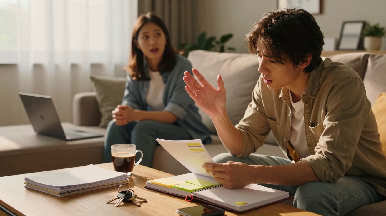 Homem a ler documentos enquanto mulher observa surpreendida sentada em sofá numa sala iluminada.