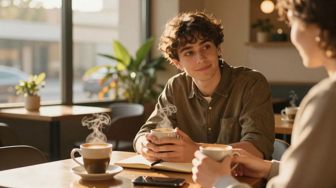 Duas pessoas numa conversa amigável num café, com chá ou café quente acompanhando o momento.