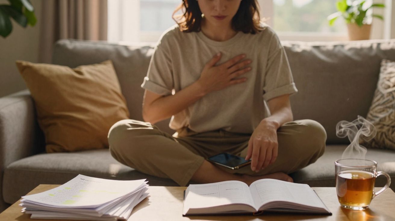 Mulher sentada no sofá com perna cruzada, mão no peito, rodeada de livros, papéis e chá quente.