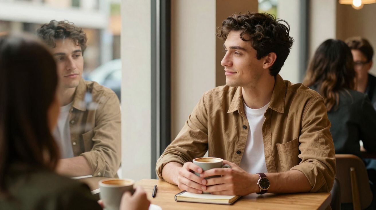 Jovem sentado num café a segurar uma chávena de café, à conversa com outra pessoa.