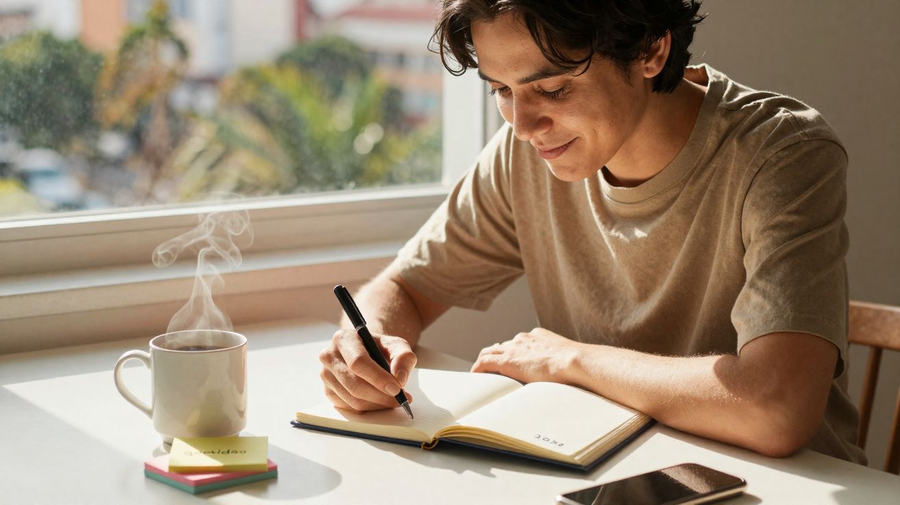 Homem a sorrir enquanto escreve num caderno junto a uma janela com uma caneca de bebida quente na mesa.