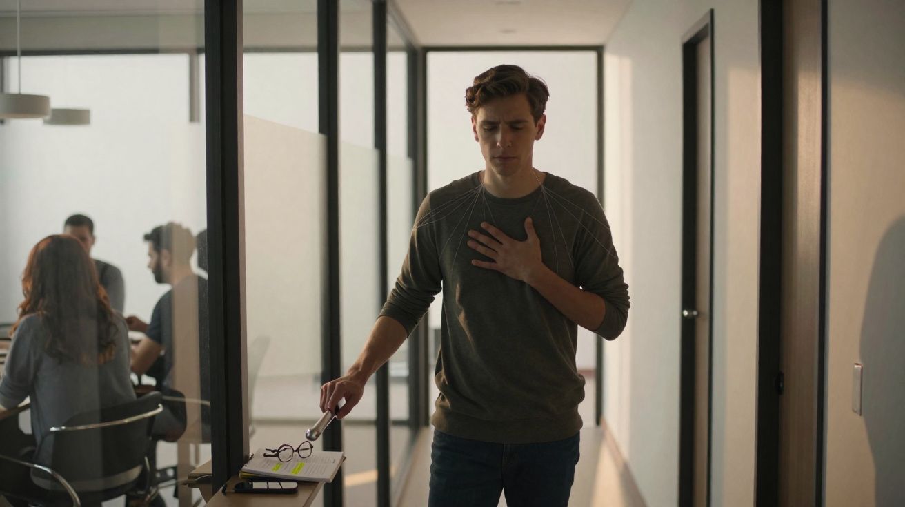 Homem com expressão de dor no peito num corredor de escritório, com pessoas reunidas em sala ao fundo.