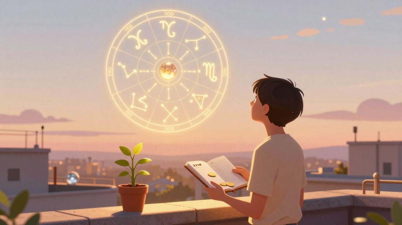 Jovem observa símbolos do zodíaco luminosos no céu ao pôr do sol, segurando um livro aberto numa varanda.