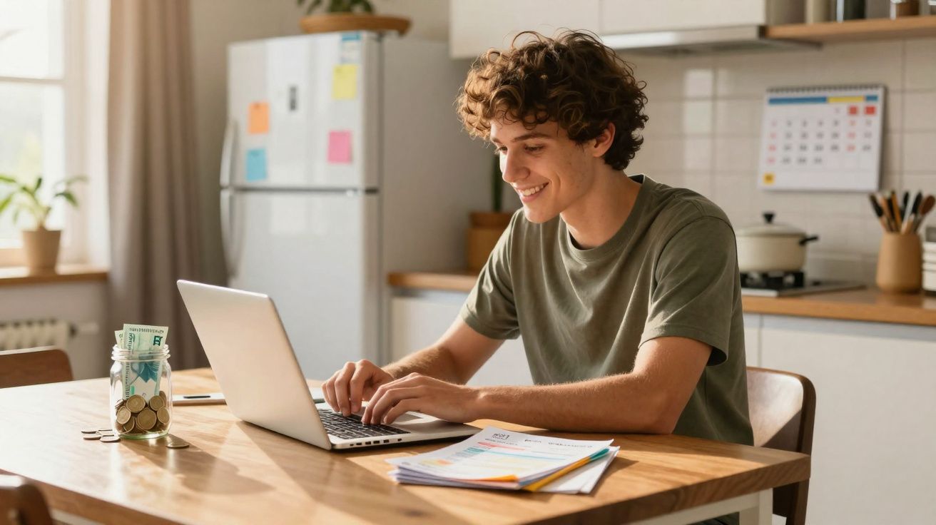 Jovem sorridente a trabalhar num computador portátil na cozinha, com documentos e um frasco com moedas na mesa.