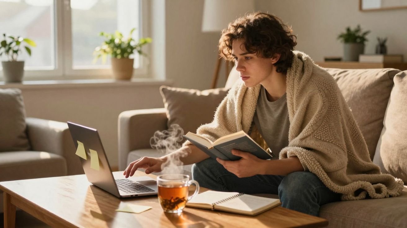 Jovem com manta está sentado no sofá, lendo um livro e a usar um computador portátil numa sala iluminada.