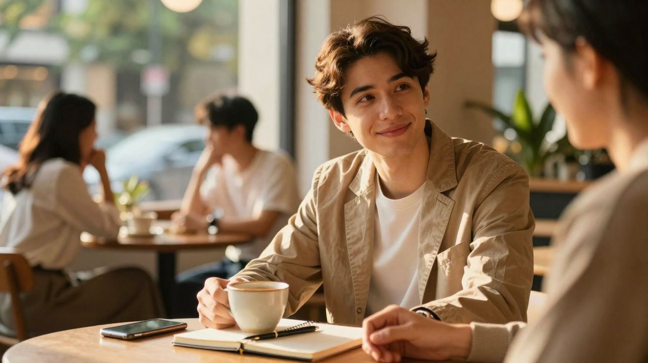 Jovem sentado numa cafetaria a sorrir para outra pessoa enquanto segura uma chávena de café.