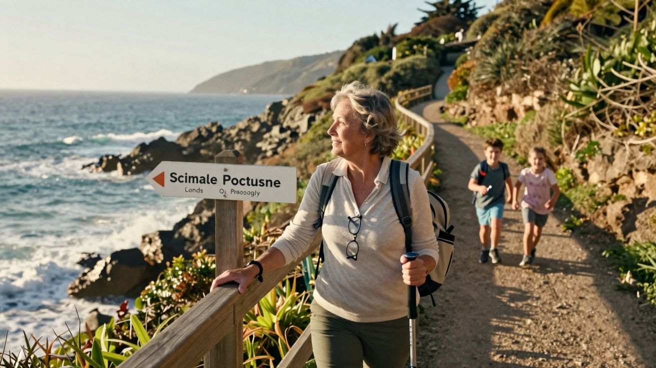 Mulher sénior com mochila em trilho costeiro, com crianças a correr ao fundo e mar agitado ao lado.