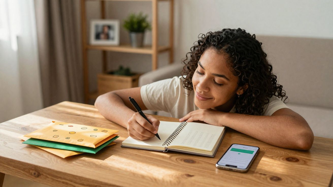 Mulher jovem a escrever num caderno, sentada a uma mesa com pacotes e telemóvel ao lado.