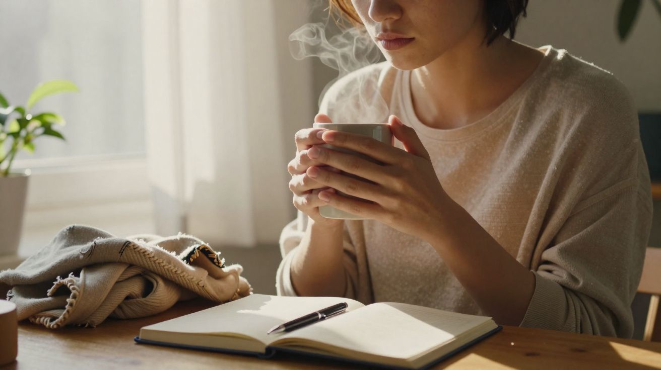 Mulher segurando chá quente, sentada à mesa com caderno, caneta e manta ao lado junto à janela iluminada.