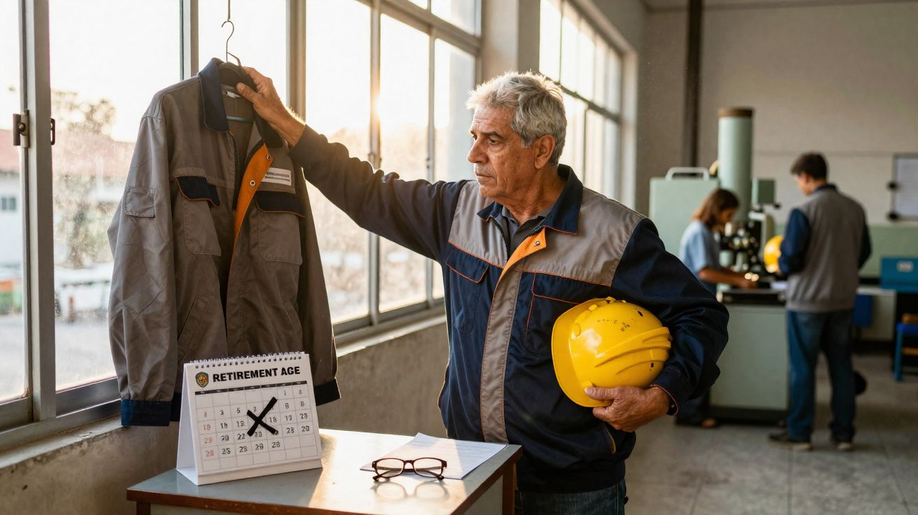 Homem de meia-idade em ambiente industrial, segurando capacete amarelo e olhando para casaco, junto a calendário assinalando 