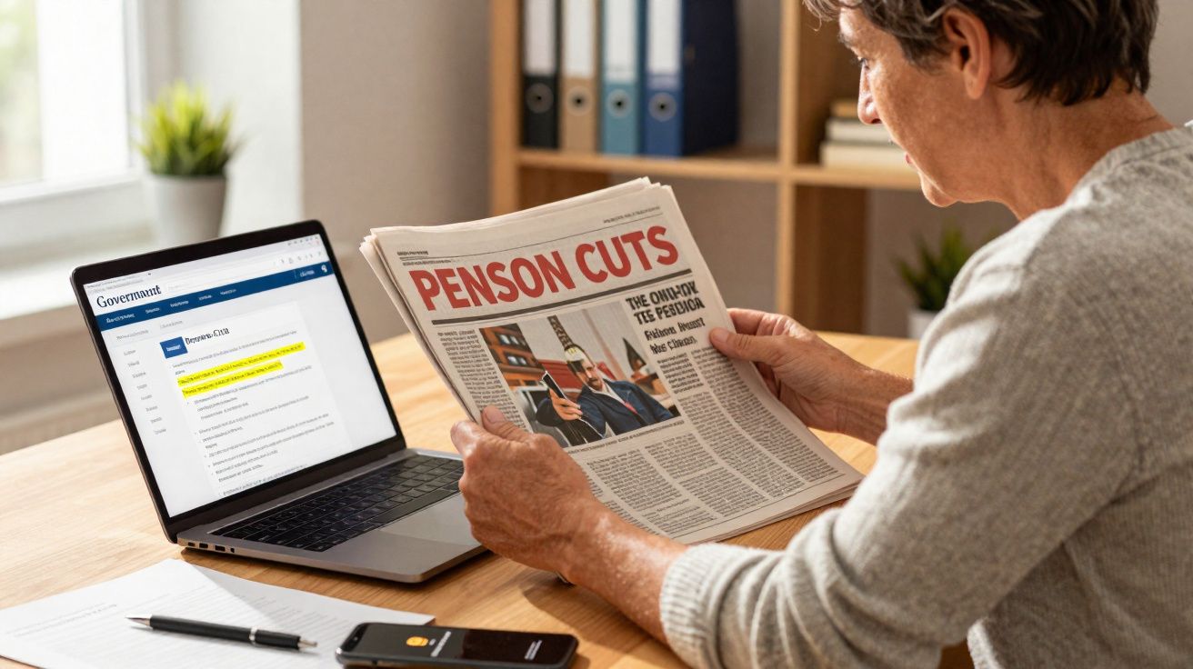 Homem sentado a ler jornal sobre cortes nas pensões, com laptop aberto e documentos numa mesa.