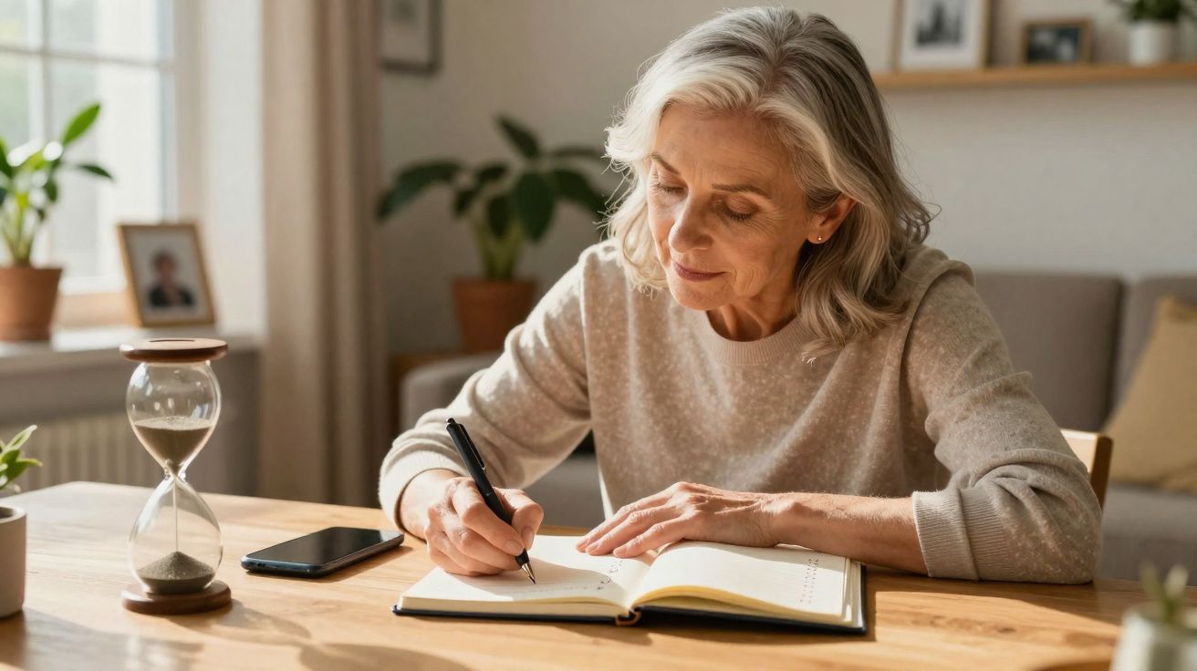 Mulher sénior sentada a escrever num caderno à mesa com ampulheta e telemóvel ao lado numa sala acolhedora.