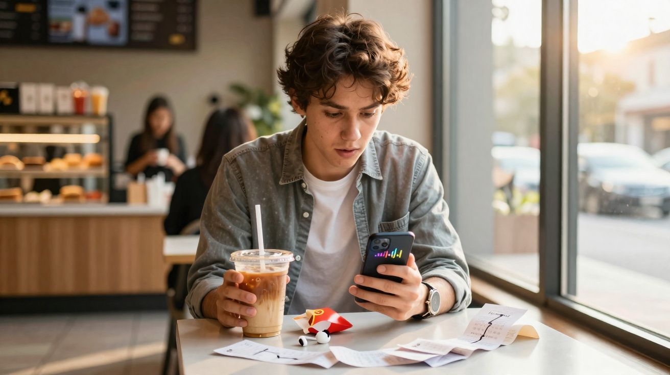 Jovem sentado numa cafetaria, a olhar para o telemóvel, com bebida gelada e recibos na mesa.