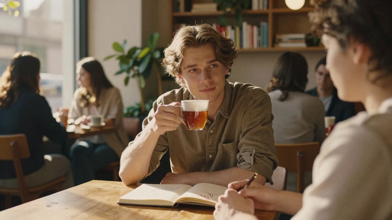 Jovem a olhar para colega, segurando chá numa chávena transparente numa mesa com caderno aberto.