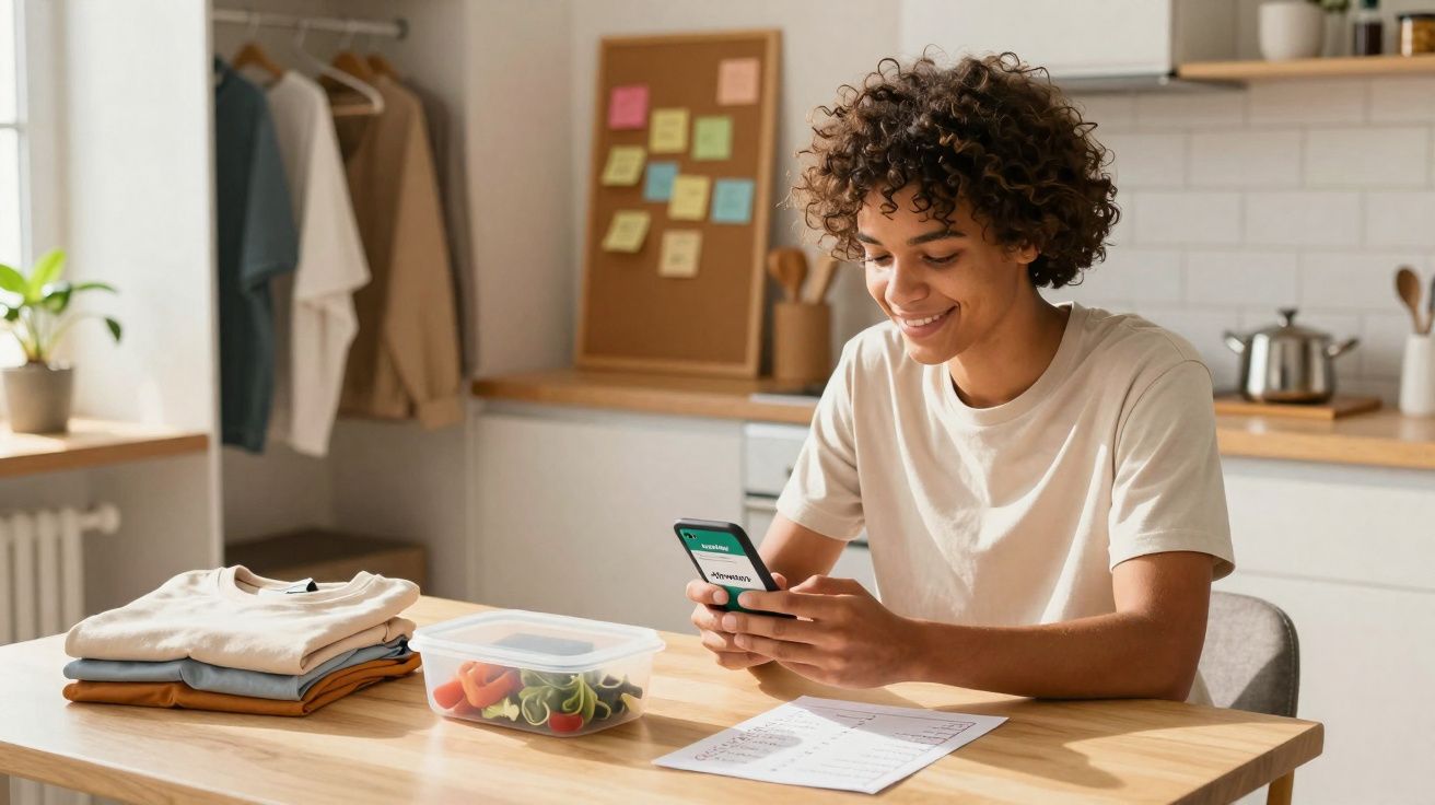 Pessoa sorridente a usar telemóvel sentada à mesa com roupa dobrada, recipiente e lista num ambiente de cozinha.