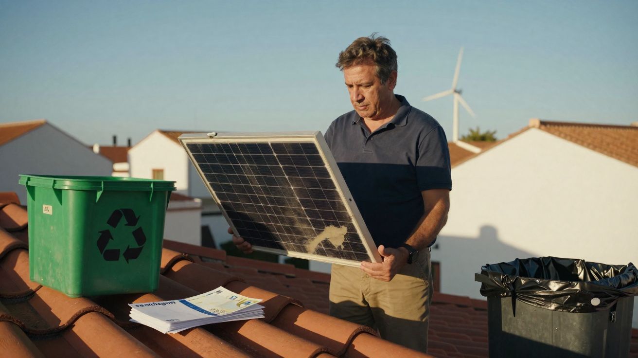 Homem numa casa a segurar um painel solar no telhado com contentor de reciclagem e lixeira.