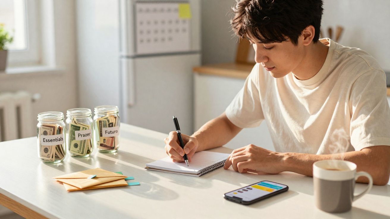Jovem a planear finanças com frascos de poupança etiquetados e a escrever num caderno na cozinha.