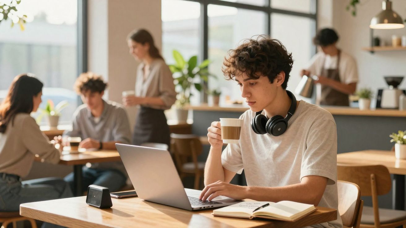 Jovem sentado numa cafetaria a trabalhar num portátil, segurando uma chávena de café com auscultadores no pescoço.