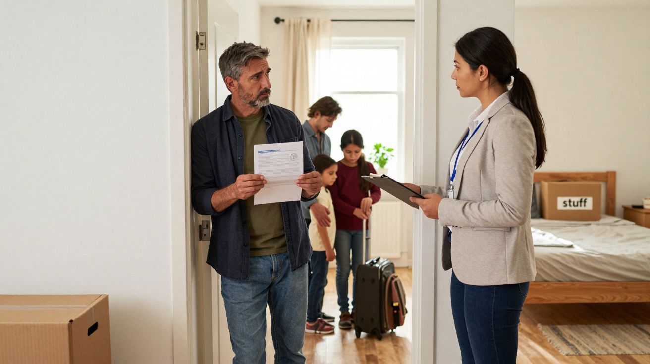 Homem com papel conversa com mulher de crachá, enquanto família com crianças e malas está no quarto.