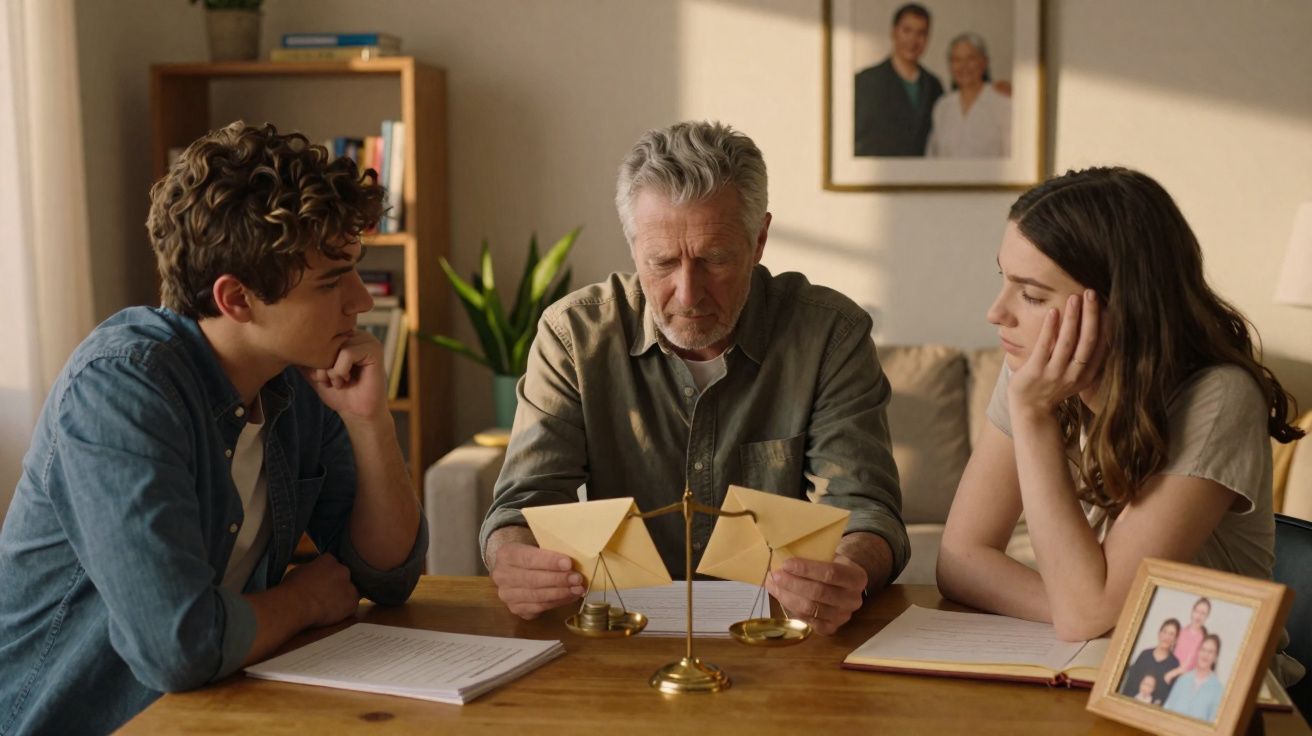 Homem mais velho com dois jovens à mesa a ler cartas, com balança e fotos familiares ao fundo.