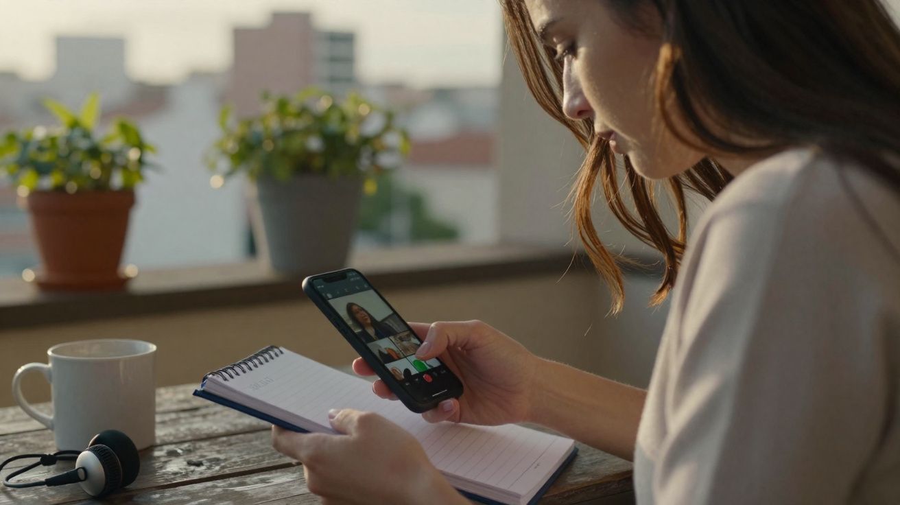 Mulher em videochamada no telemóvel, com caderno aberto e auscultadores sobre mesa de madeira.