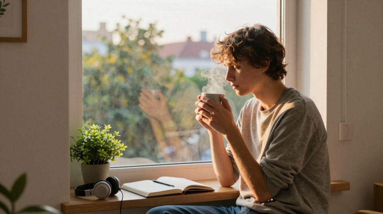 Jovem sentado junto à janela a beber chá quente, com caderno e auscultadores na mesa.
