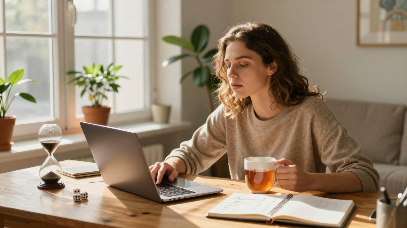 Mulher sentada à mesa a trabalhar no portátil, a segurar uma chávena de chá, com livro aberto e ampulheta ao lado.
