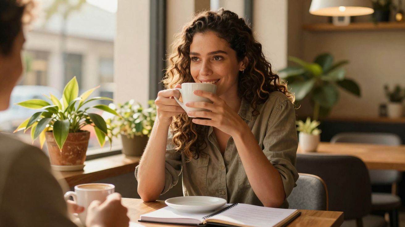 Mulher sorridente a beber café numa esplanada, com caderno aberto à sua frente.