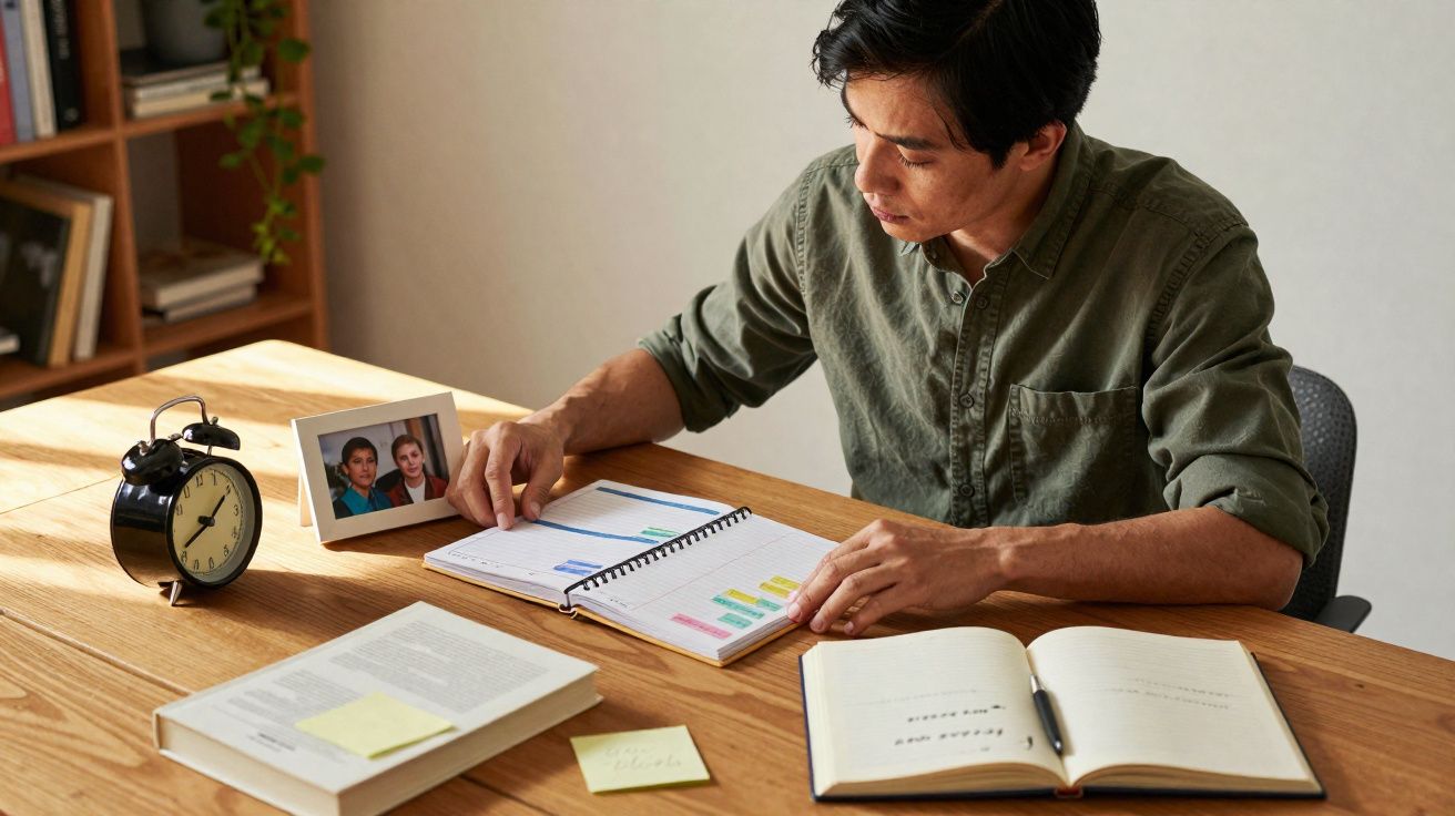 Homem a ler e organizar agendas numa mesa com livros, relógio e fotografia em moldura.