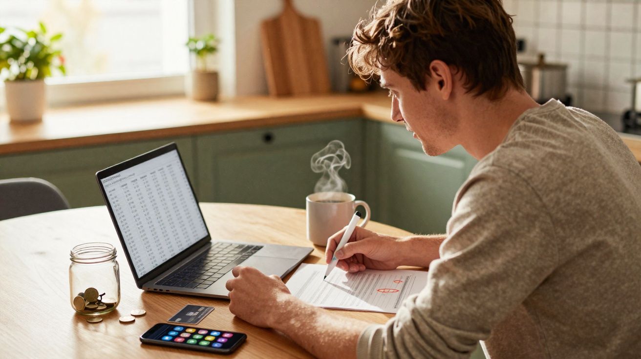 Homem concentrado a trabalhar em documentos e computador numa cozinha bem iluminada.