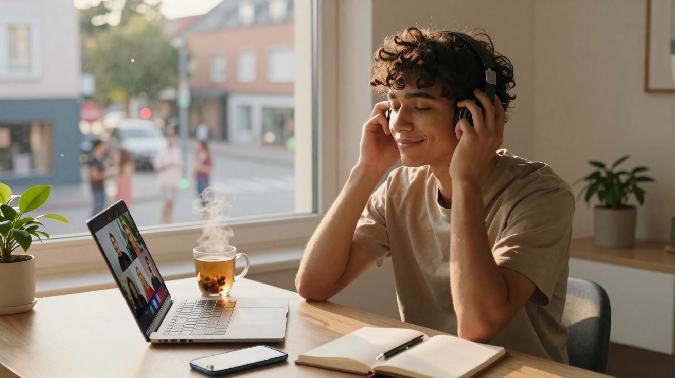 Jovem com auscultadores a ouvir música junto a computador portátil numa mesa com chá e caderno.
